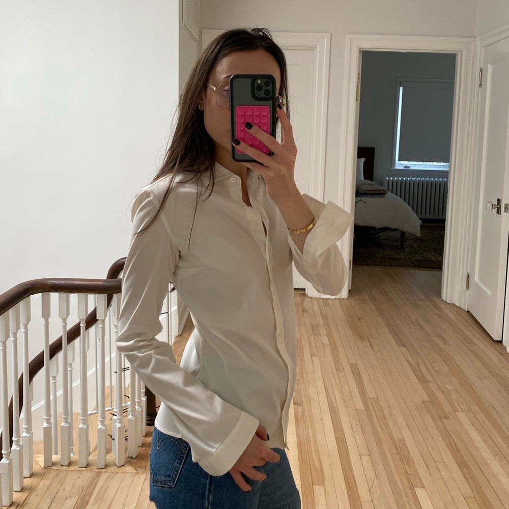 Prada Cream Button Down Blouse with Red Tag